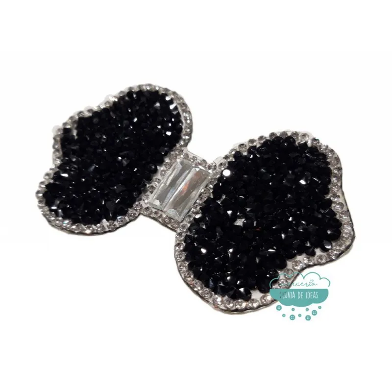 Aplicación termoadhesiva con cristal, piedras y tupis - Lazo negro Mercería Lluvia de Ideas