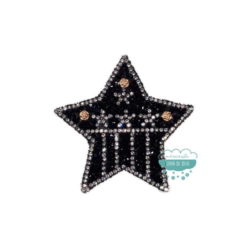 Aplicación termoadhesiva con cristal, tupis y detalle de flores - Estrella negra Aplicación termoadhesiva con cristal, tupis y detalle de flores - Estrella negra