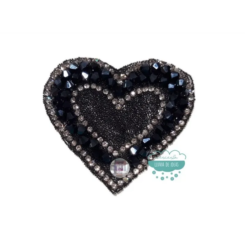 Aplicación termoadhesiva con cristal, piedra y tupis - Corazón negro Mercería Lluvia de Ideas