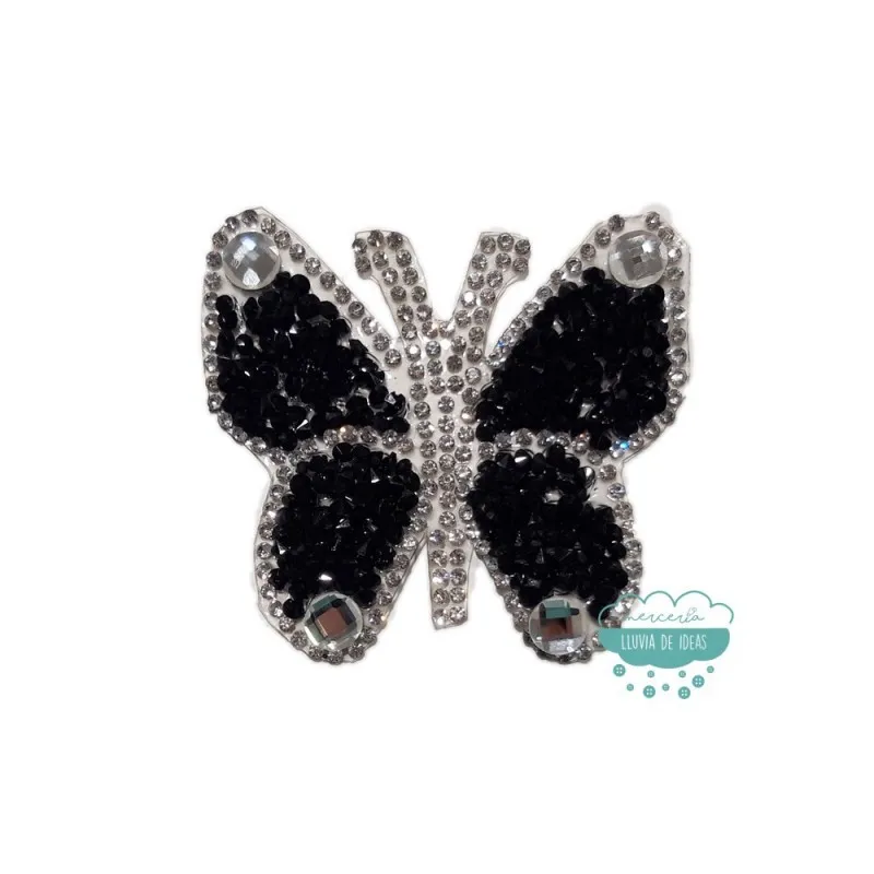 Aplicación termoadhesiva con cristales, piedras y tupis - Mariposa negra Mercería Lluvia de Ideas
