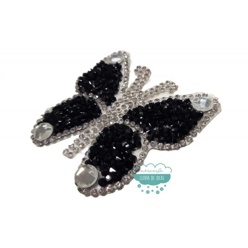 Aplicación termoadhesiva con cristales, piedras y tupis - Mariposa negra Mercería Lluvia de Ideas