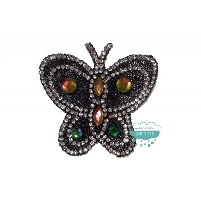 Aplicación termoadhesiva con cristales y piedras - Mariposa multicolor Mercería Lluvia de Ideas