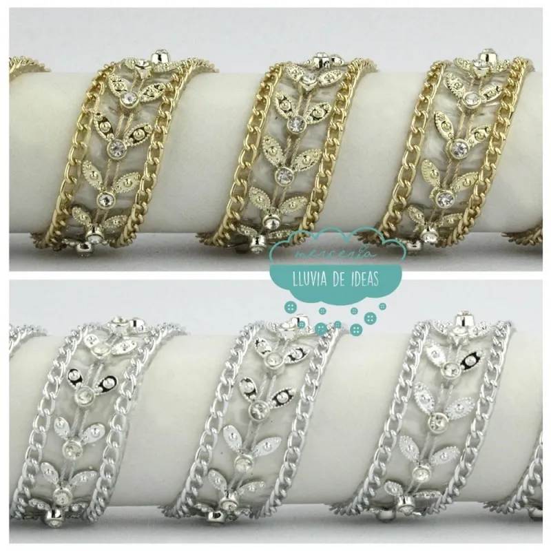 Tira metálica termoadhesiva de flores con strass - Serie Pétalos