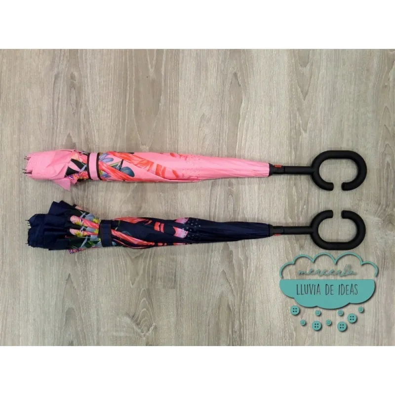 Paraguas invertido - Flores y  flamencos