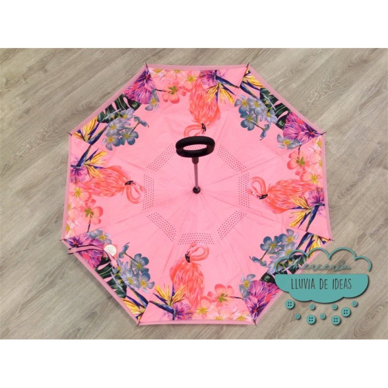 Paraguas invertido - Flores y  flamencos