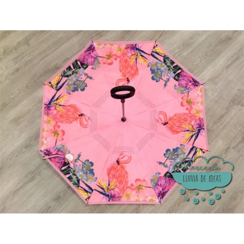 Paraguas invertido - Flores y  flamencos