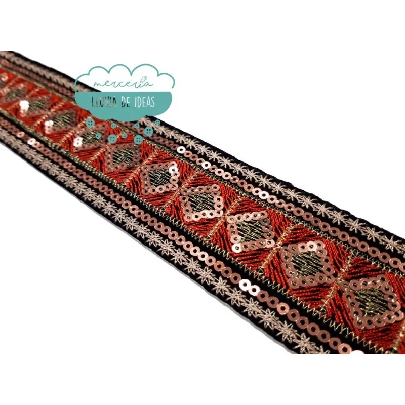 Galón bordado metalizado con lentejuelas - Serie Falak Mercería Lluvia de Ideas