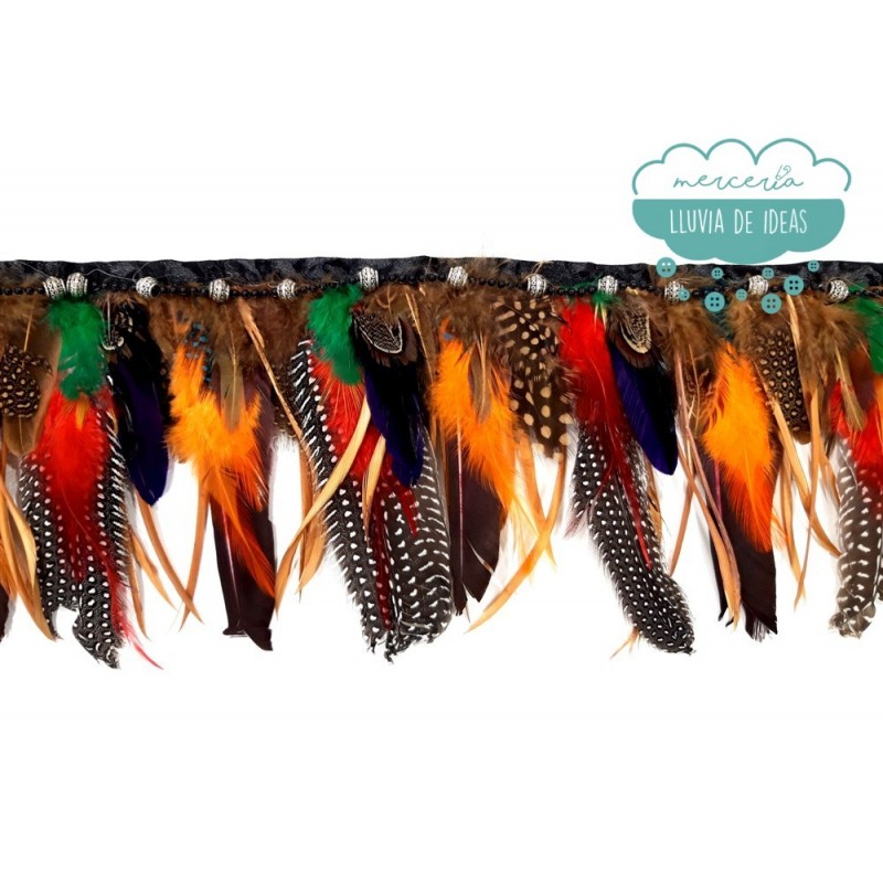 Fleco de plumas de colores con abalorios