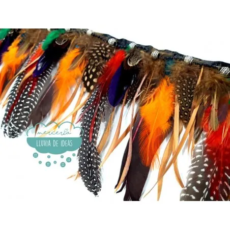 Fleco de plumas de colores con abalorios