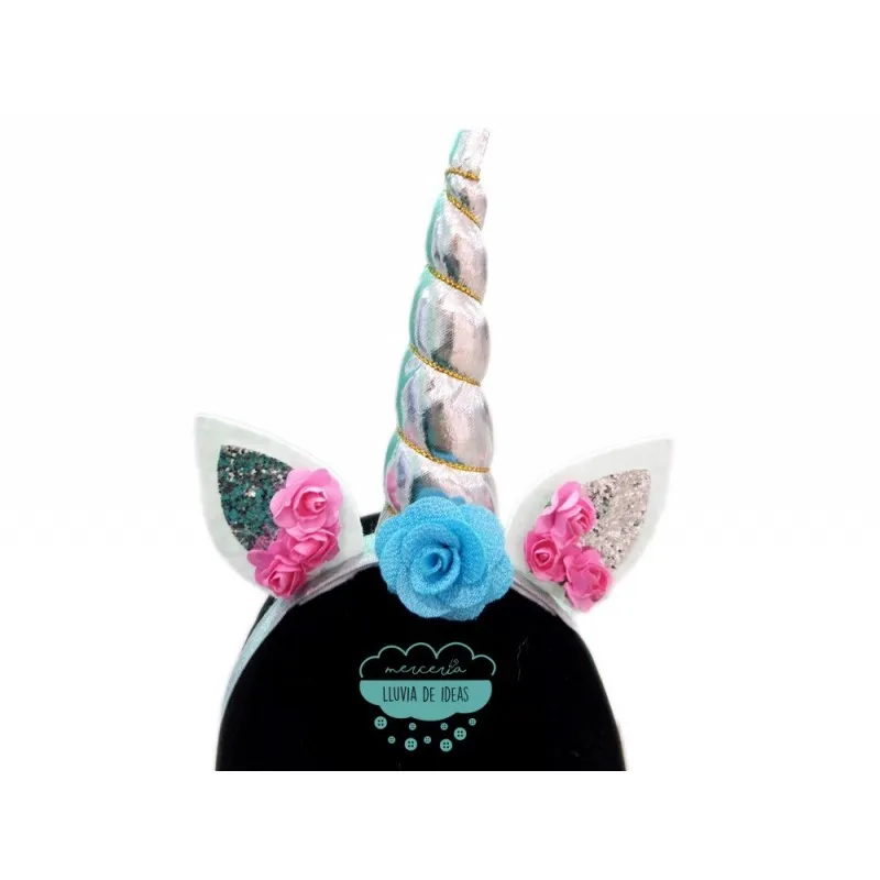 Diadema elástica unicornio con orejas y flores