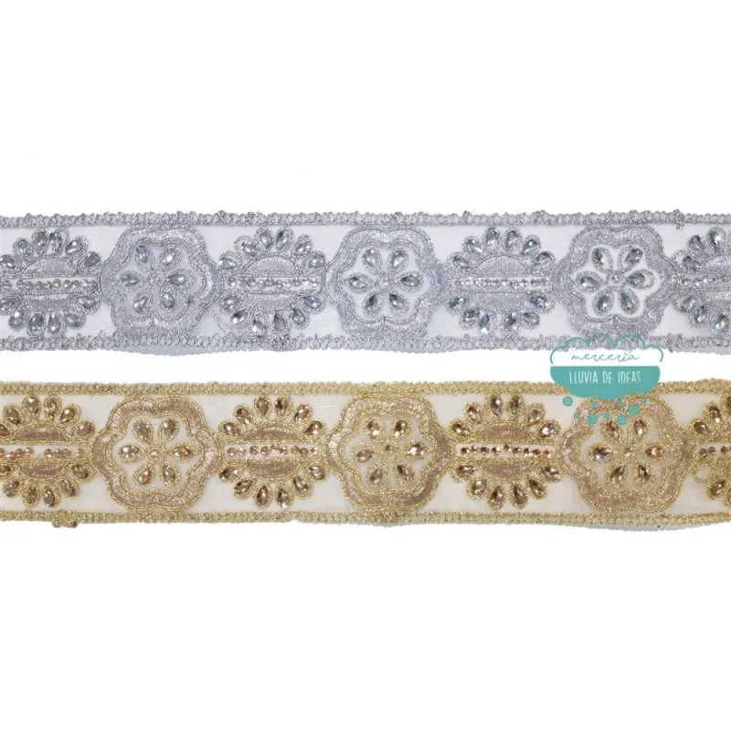 Galón metalizado con pedrería - Serie Carla Mercería Lluvia de Ideas