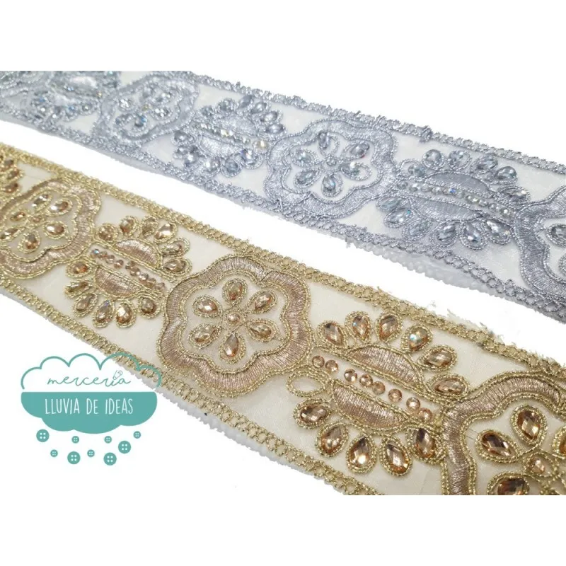 Galón metalizado con pedrería - Serie Carla Mercería Lluvia de Ideas