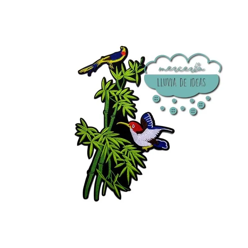 Parche bordado termoadhesivo - Aves sobre bambú Mercería Lluvia de Ideas