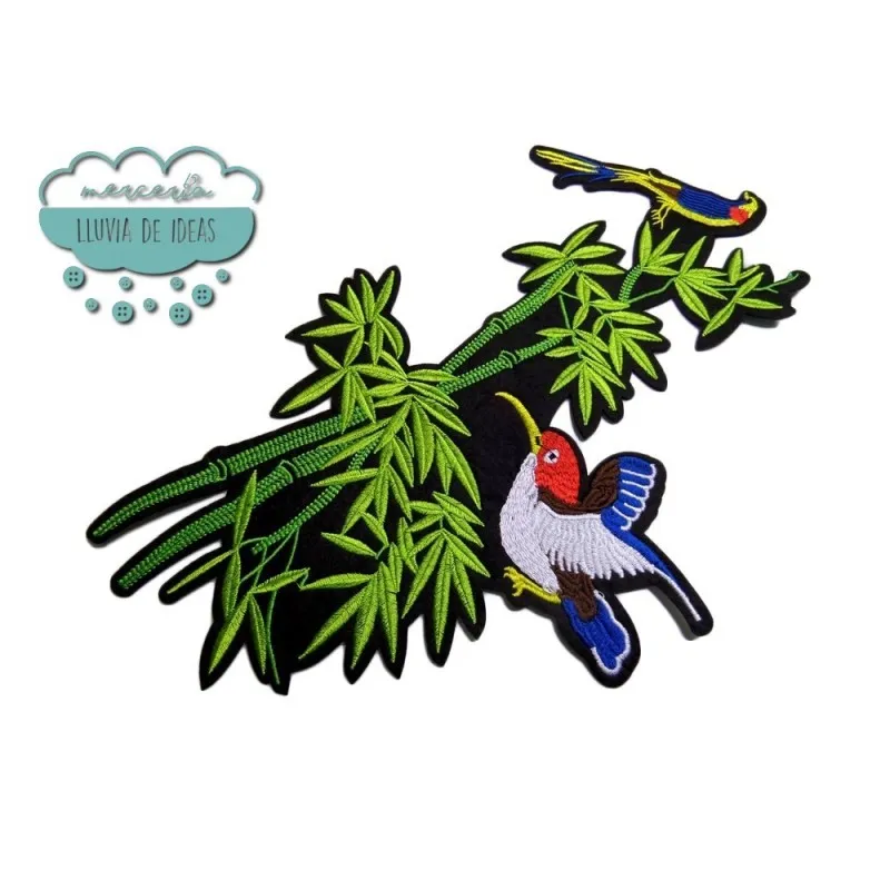 Parche bordado termoadhesivo - Aves sobre bambú Mercería Lluvia de Ideas