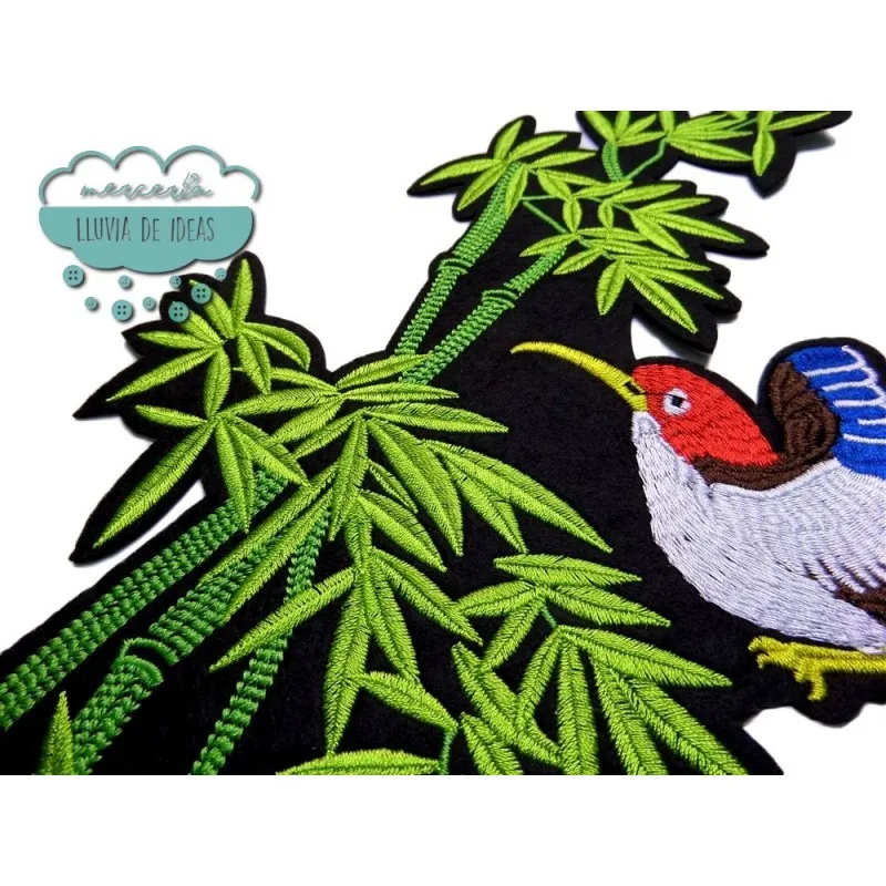 Parche bordado termoadhesivo - Aves sobre bambú Mercería Lluvia de Ideas