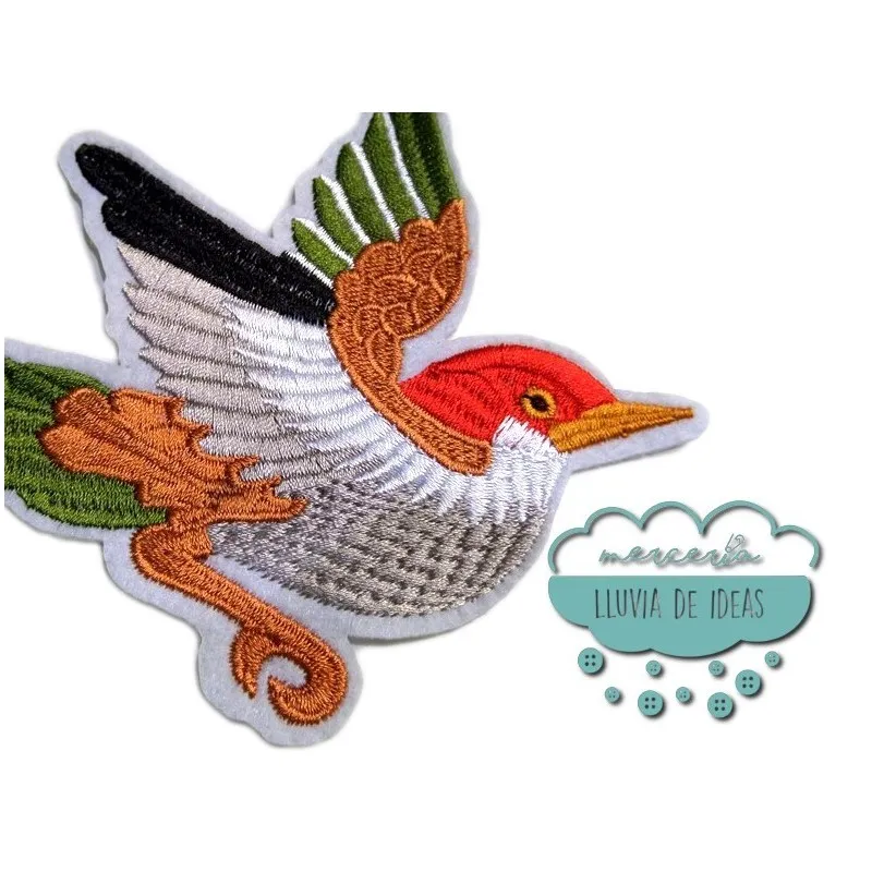 Parche bordado termoadhesivo - Mirlo ala verde Mercería Lluvia de Ideas