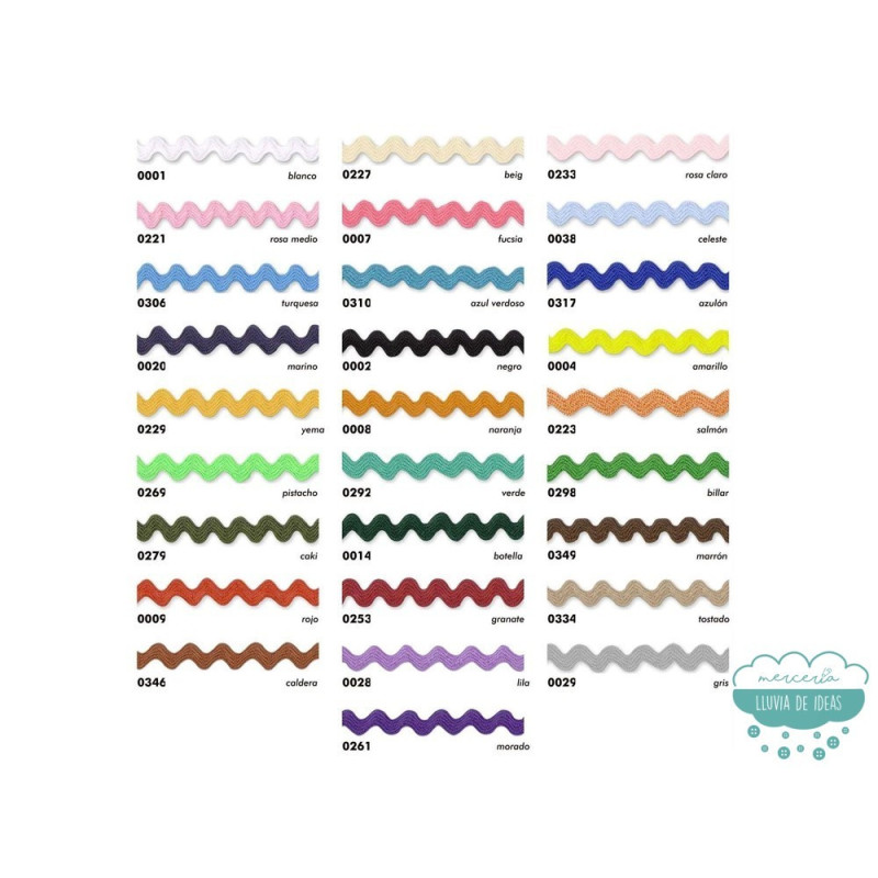 Cinta Zig zag / picunela / ondulina / tripa de pollo - Ancho 2 cm. - Varios colores