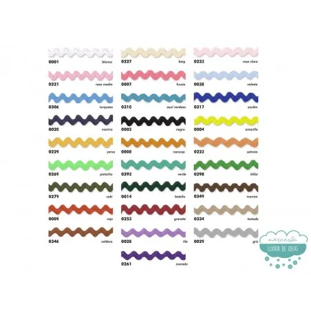 Cinta Zig zag / picunela / ondulina / tripa de pollo - Ancho 2 cm. - Varios colores