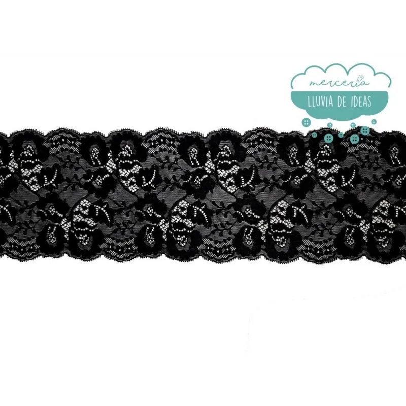 Entredós elástico nylon 14,5 cm. color negro - Serie Violeta Mercería Lluvia de Ideas