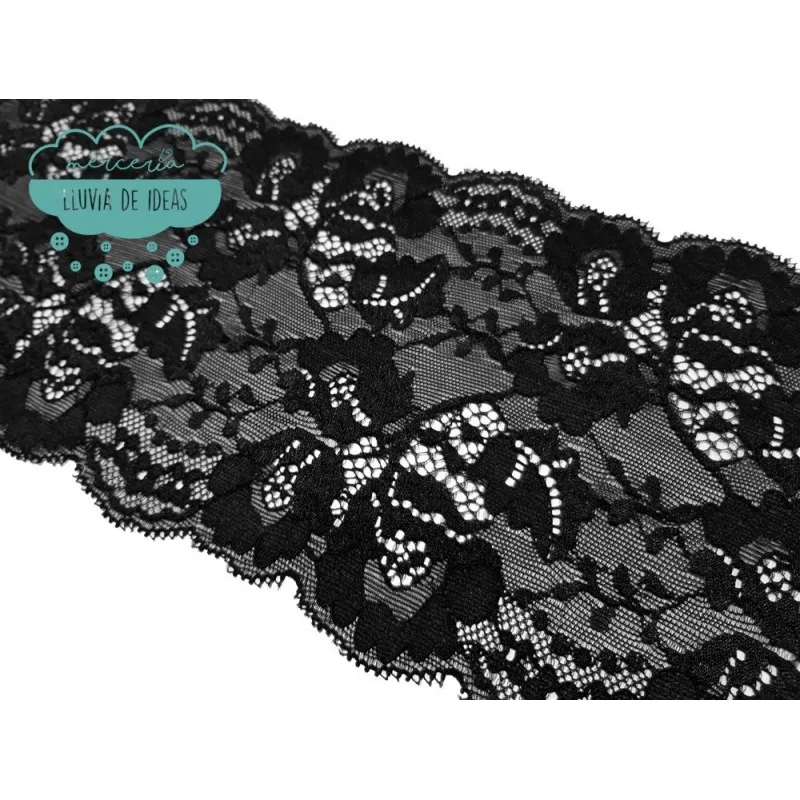 Entredós elástico nylon 14,5 cm. color negro - Serie Violeta Mercería Lluvia de Ideas