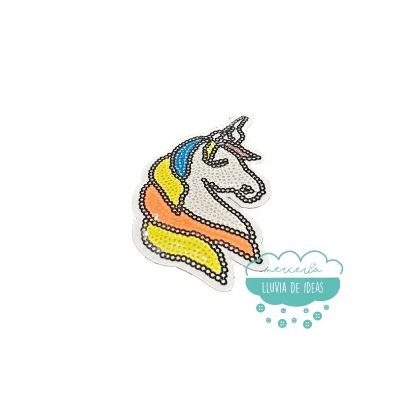 Parche termoadhesivo con lentejuelas - Serie Cabeza de unicornio con melena flúor