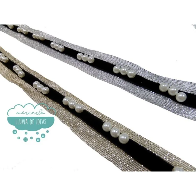 Pasamanería metalizada estilo yute con perlas - Serie Adela