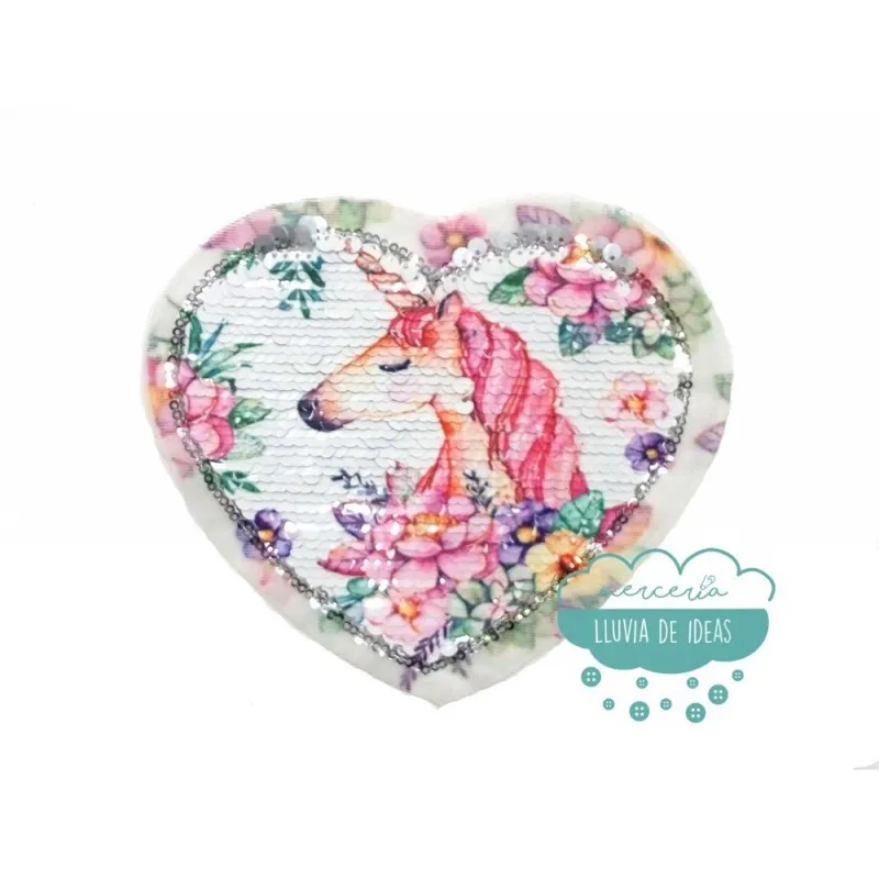 Aplicación lentejuelas reversible con forma de corazón - Serie Unicornio con flores Mercería Lluvia de Ideas