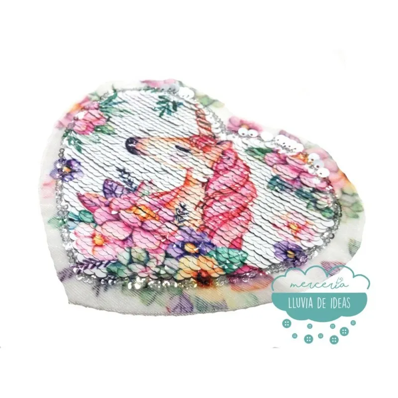 Aplicación lentejuelas reversible con forma de corazón - Serie Unicornio con flores Mercería Lluvia de Ideas