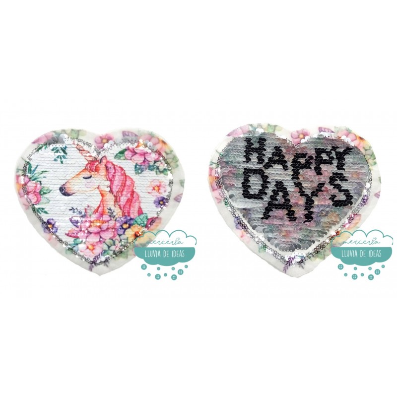 Aplicación lentejuelas reversible con forma de corazón - Serie Unicornio con flores Aplicación lentejuelas reversible con forma de corazón - Serie Unicornio con flores