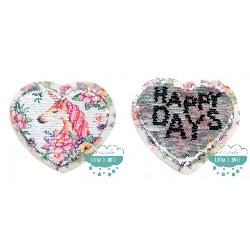 Aplicación lentejuelas reversible con forma de corazón - Serie Unicornio con flores Mercería Lluvia de Ideas