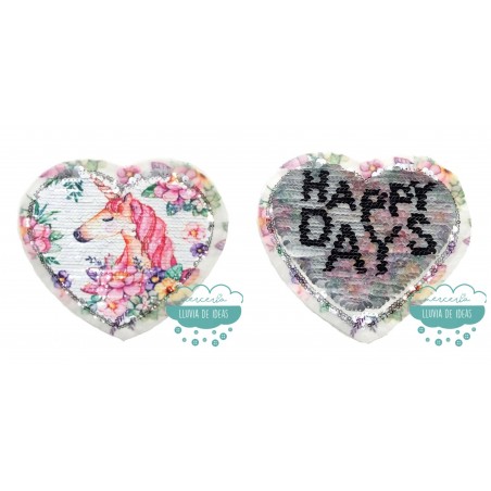 Aplicación lentejuelas reversible con forma de corazón - Serie Unicornio con flores