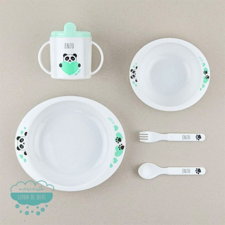 Vajilla infantil personalizada de 5 piezas - Panda color menta