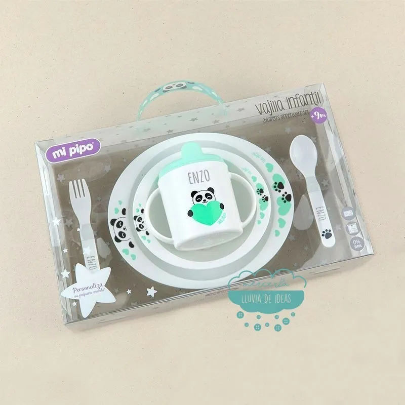 Vajilla infantil personalizada de 5 piezas - Panda color menta