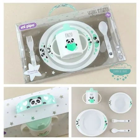Vajilla infantil personalizada de 5 piezas - Panda color menta