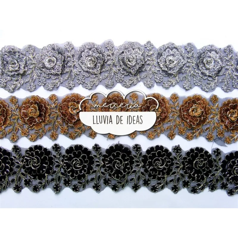 Pasamanería de flores bordadas - Serie Rosal Mercería Lluvia de Ideas