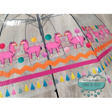 Paraguas automático transparente - Llamas, borlas y pompones