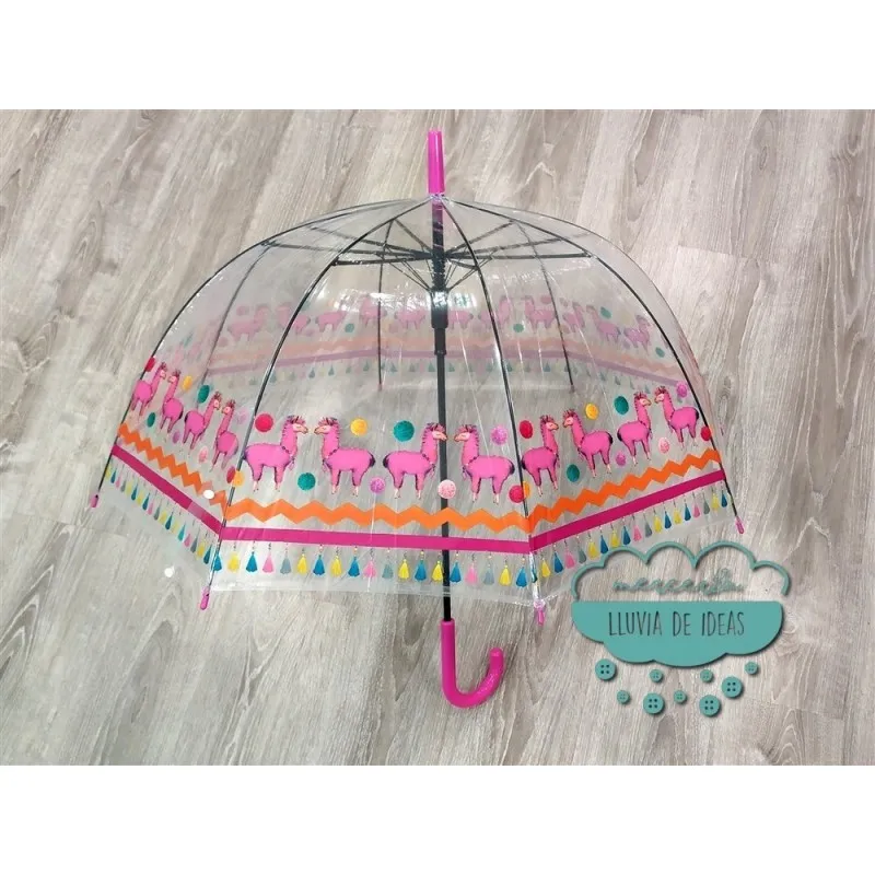 Paraguas Automático Transparente - Llamas, Borlas Y Pompones
