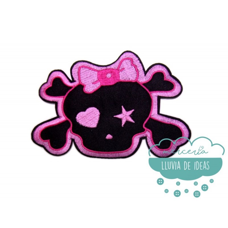 Parche bordado termoadhesivo - Calavera lazo rosa Parche bordado termoadhesivo - Calavera lazo rosa