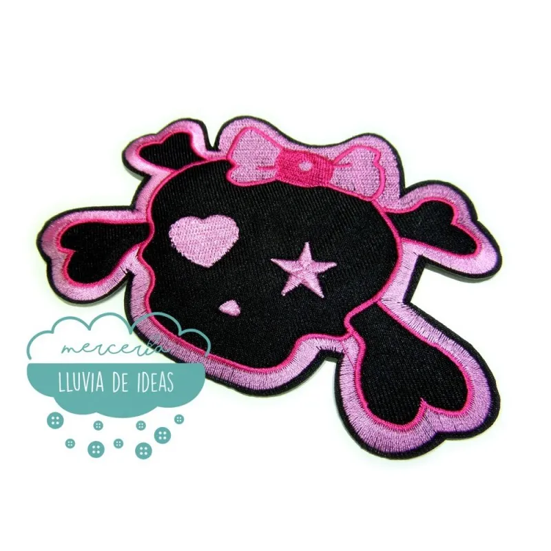 Parche bordado termoadhesivo - Calavera lazo rosa