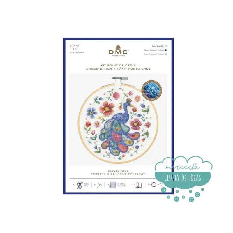 Kit de punto de cruz DMC - Pavo Real en flor