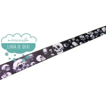 Cinta de raso o satén estampada - Calaveras fondo negro - AGOTADO TEMPORALMENTE